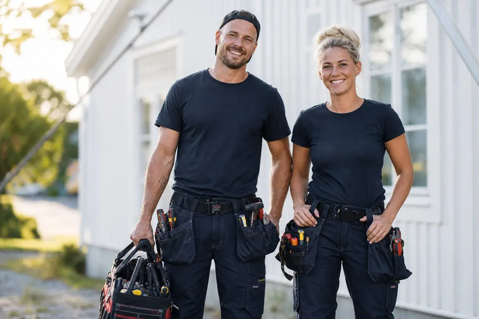 Rørlegger og elektriker med verktøybelter foran hvitmalt trehus – profesjonelle håndverkere for installasjon og service