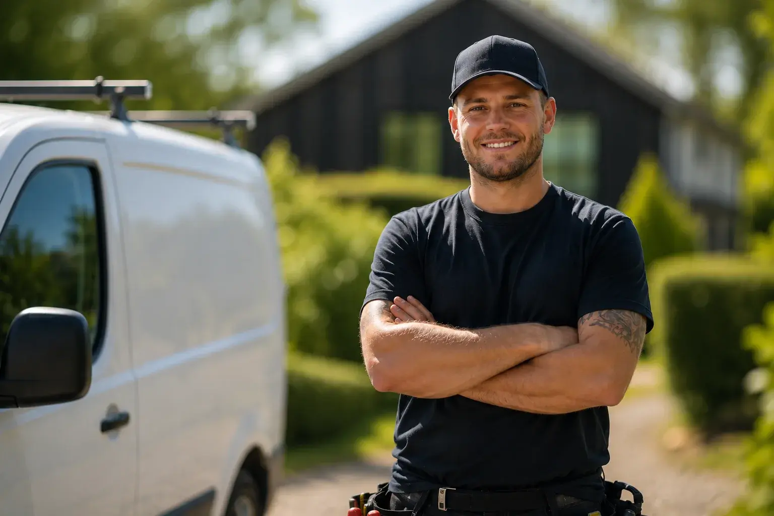 Lokal elektriker foran servicebil og moderne bolig, klar for elektriske installasjoner, service og vedlikehold.