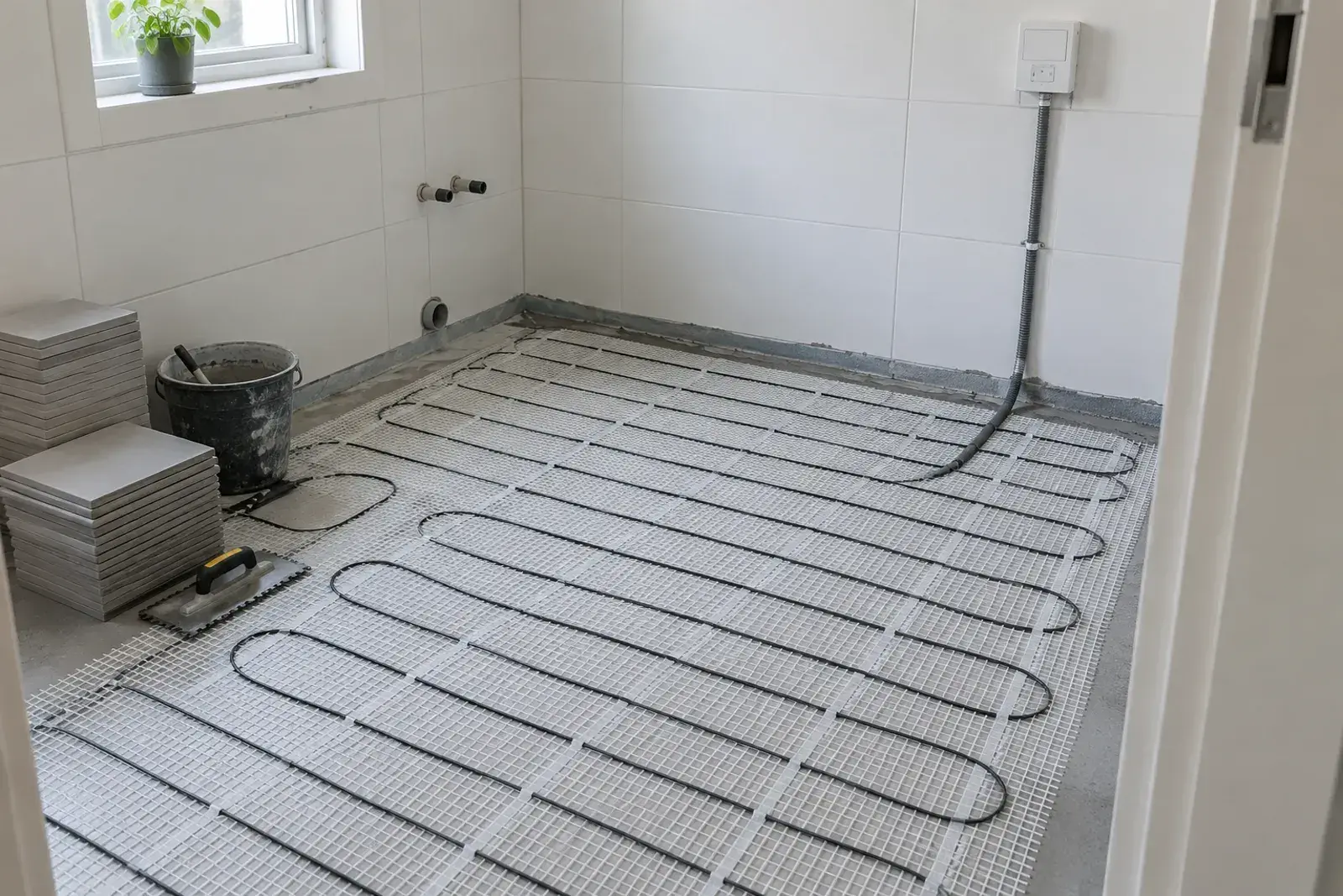 Elektriske varmekabler lagt på matte på badegulvet før flislegging