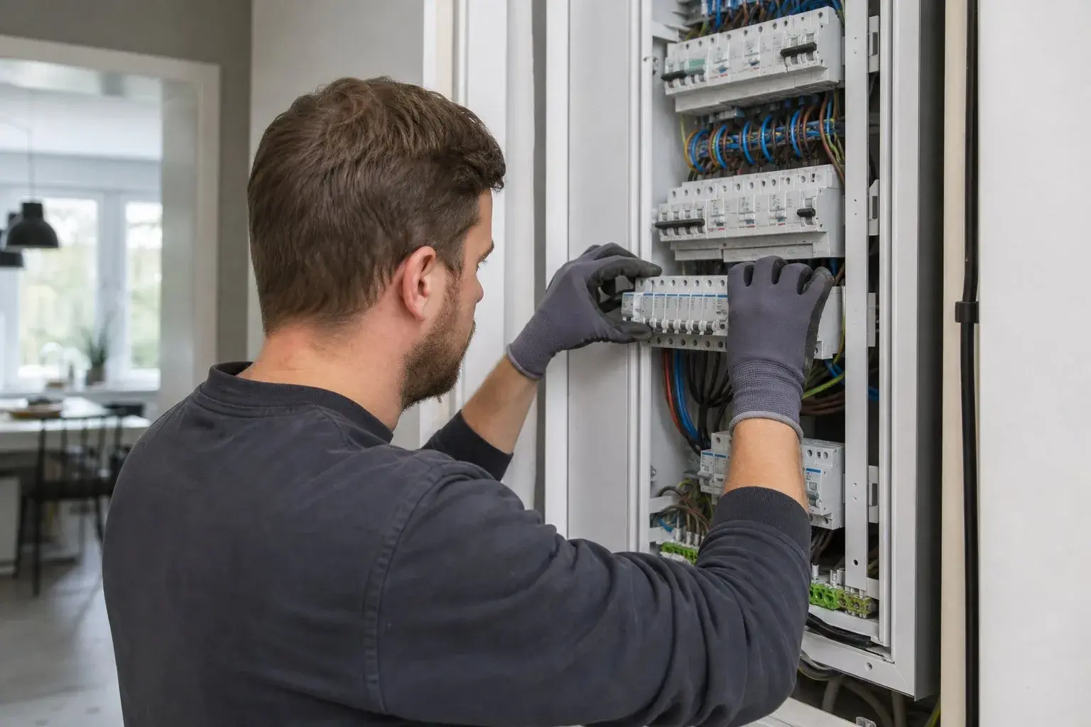 elektriker som arbeider i et åpent sikringsskap
