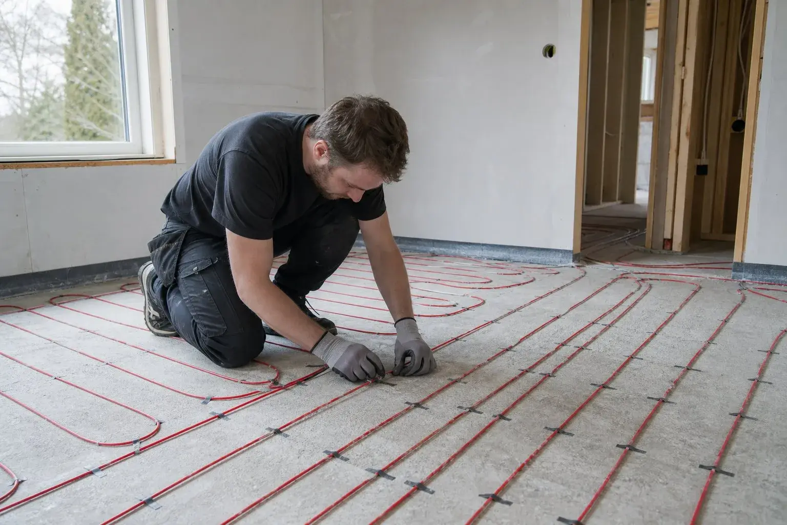 varmekabler lagt ut på gulv under renovering