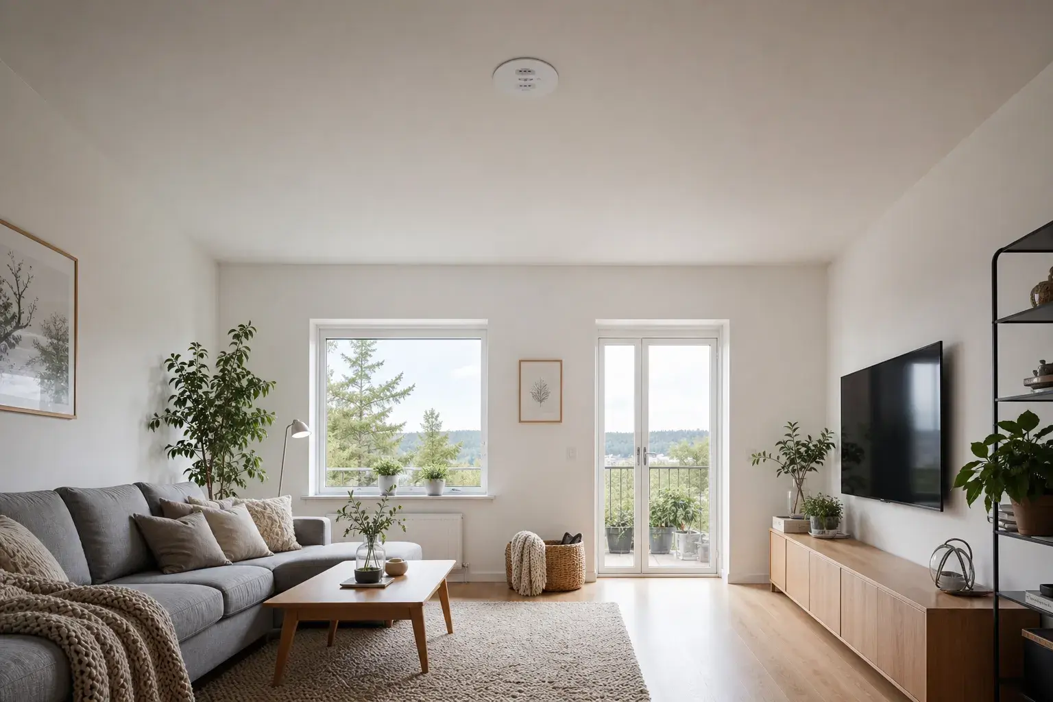 DCL-lampeuttak i taket i en moderne norsk stue – klar for tilkobling av taklampe