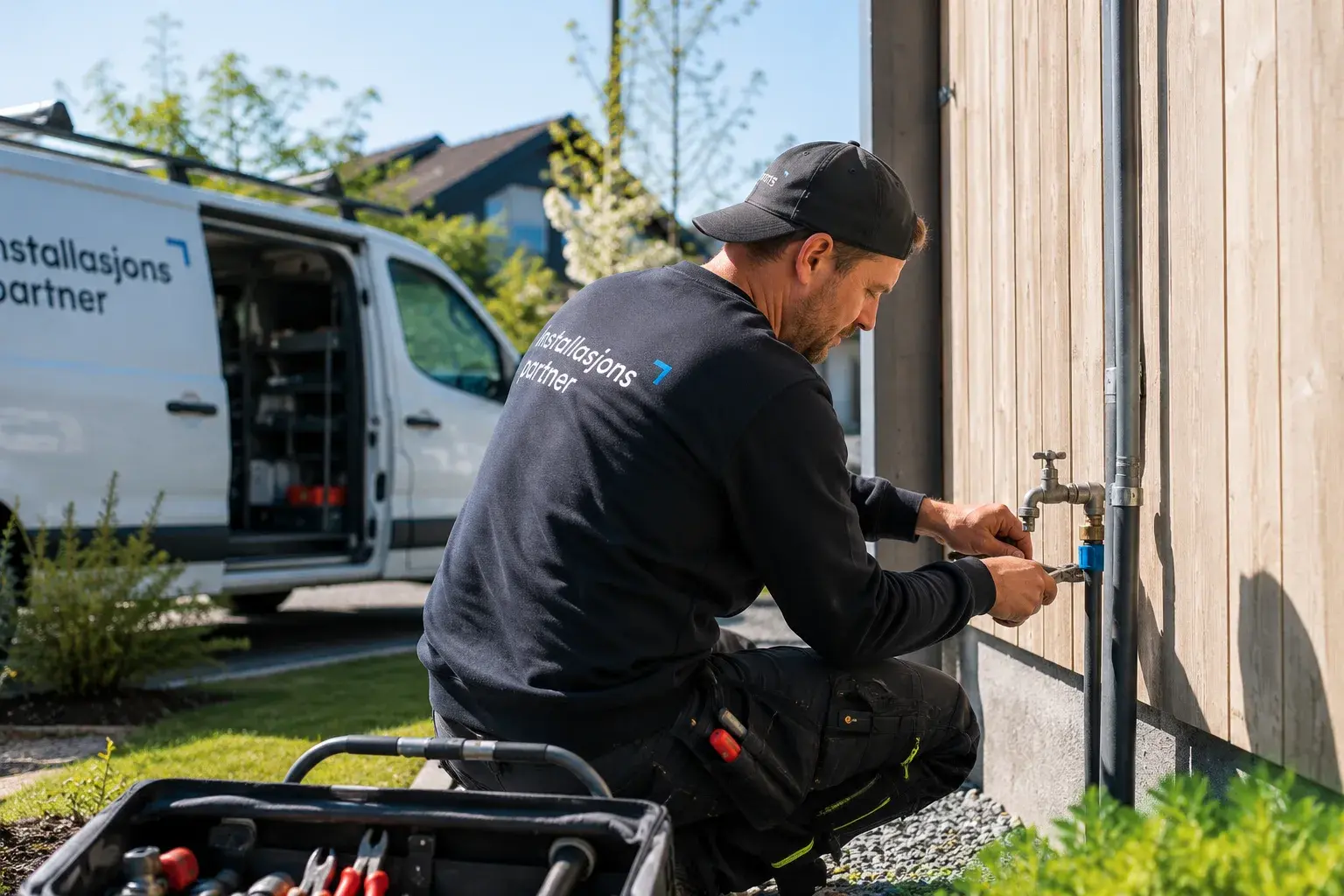 Rørlegger fra Installasjonspartner monterer utendørs vannkran på en moderne bolig med trepanel, med servicebil parkert i bakgrunnen. Profesjonell VVS-service i norsk boligområde.